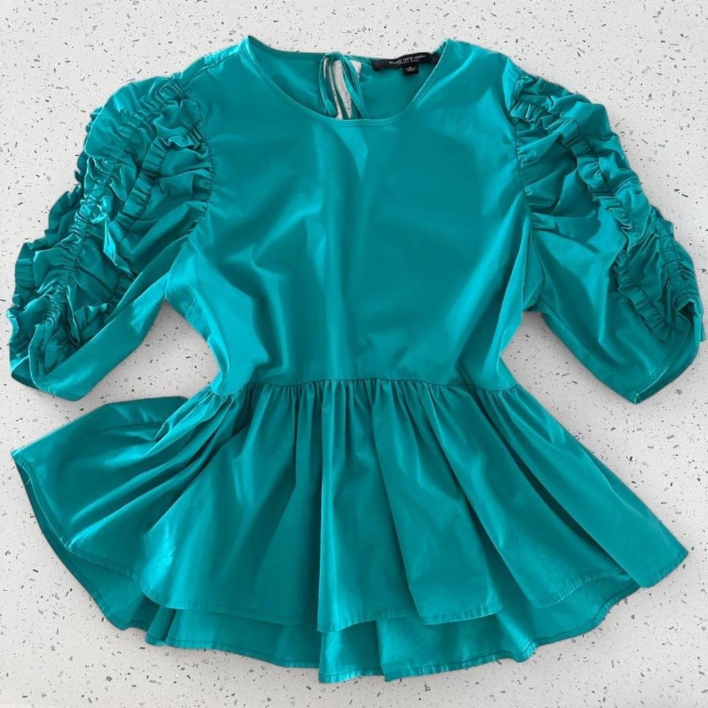 Marc New York Andrew Marc Teal‎ Ruched Puff Sleeve Peplum Top Small Blouse